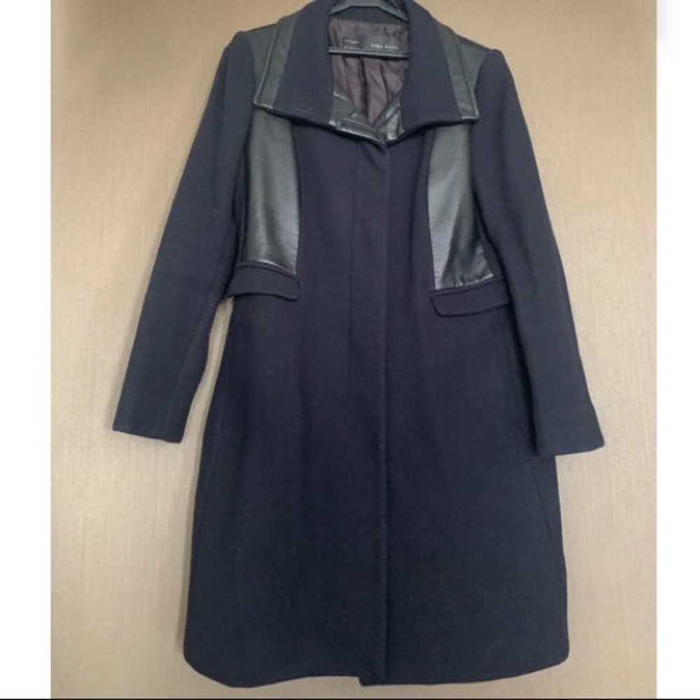 ZARA Navy Wool Black Faux Leather Trim Coat XS - Picture 1 of 12